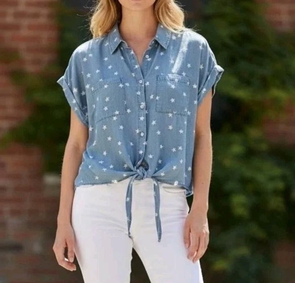 Autumn & Skye Star Print Button Down Tie Hem Blue Shirt Sz XL 100% Lyocell Soft